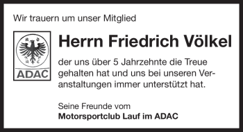 Traueranzeige von Friedrich Völkel von Pegnitz-Zeitung
